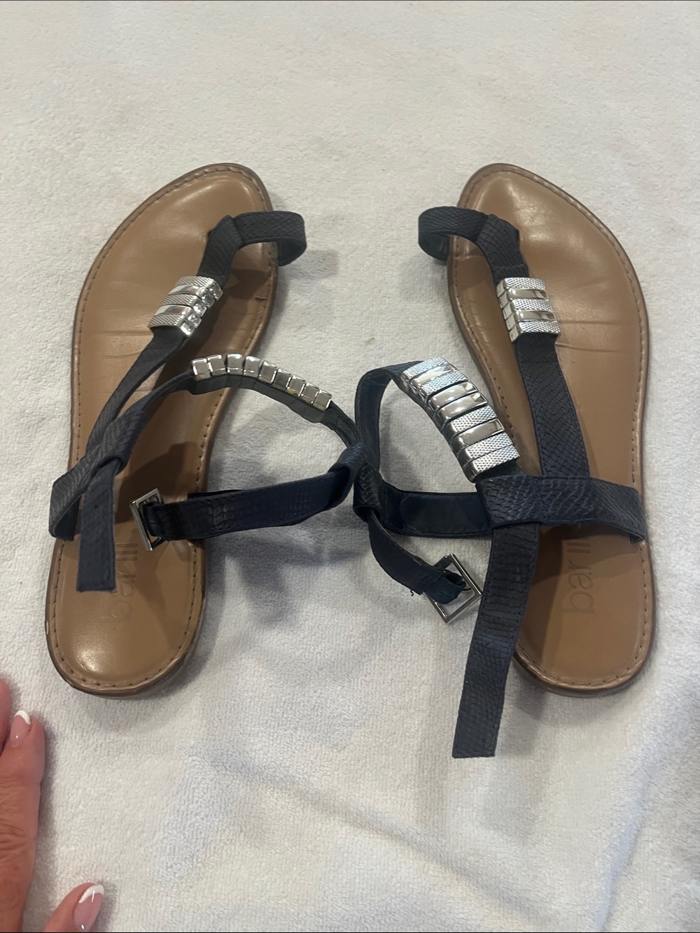 Bar III Black T-Strap Sandals with Silver Accents and Tan Footbed